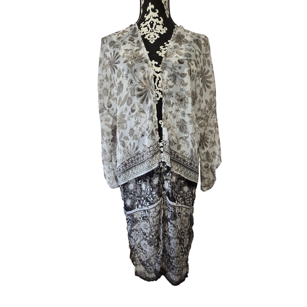 APT 9 Sheer Floral Kimono Cardigan Duster White Gray Metallic Size M